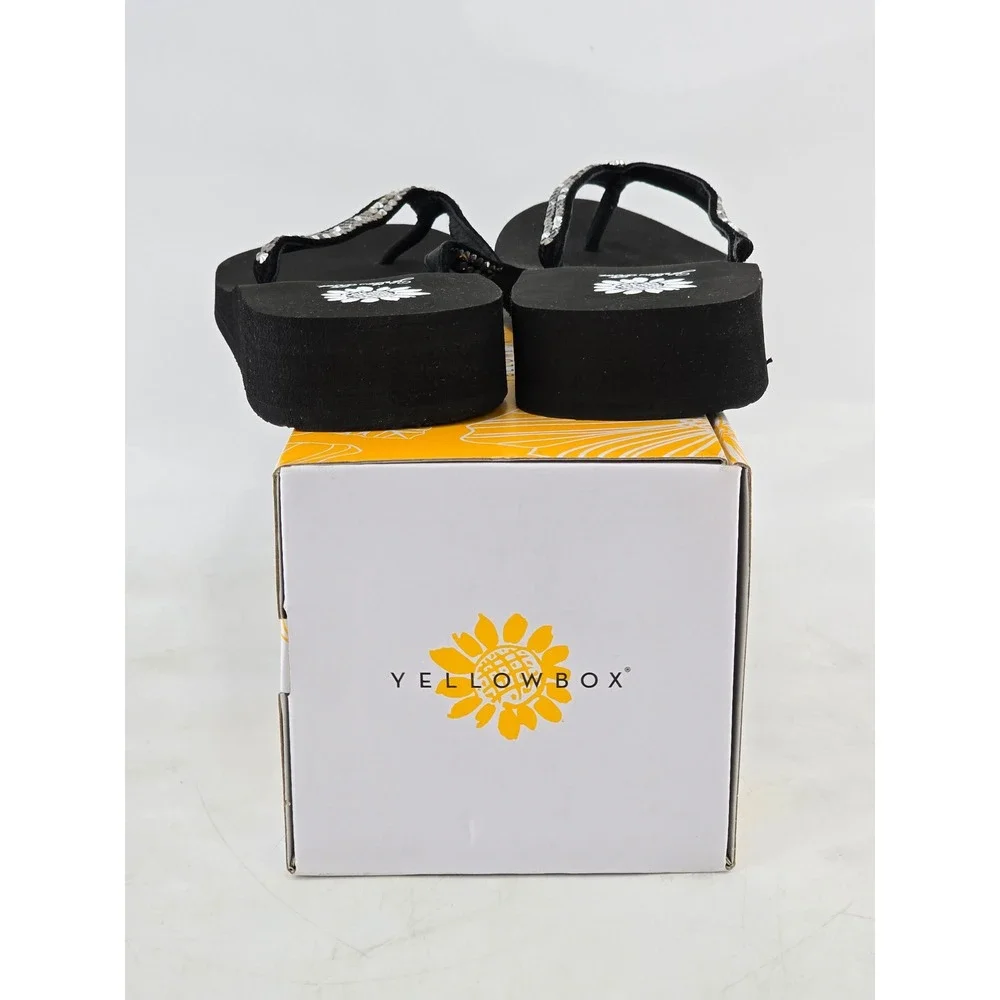 Yellow Box Jello Sandals Womens 9.5 Black Pewter Rhinestone Wedge - Excellent